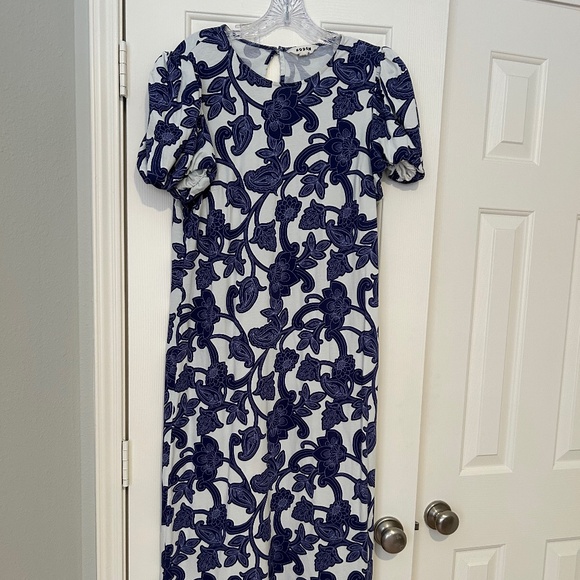 Boden White/Blue Paisley Floral Dress with Short Puff Sleeves Size 14 Vacation! - Picture 2 of 7